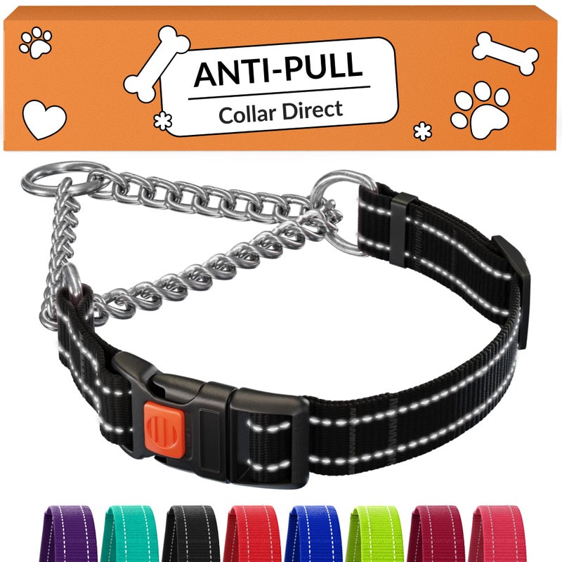 CollarDirect Martingale Dog Collar with Stainless Steel Chain and Quick Release Buckle - Reflective Collar for Large, Medium, Small Dogs - Black, Large (Neck Size 17"-22") - Image 1